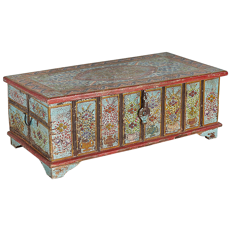 Сундук ручная роспись Pran Antique Indian Painted Chest Мульти Бирюзовый Красный в Нижнем Новгороде | Loft Concept 