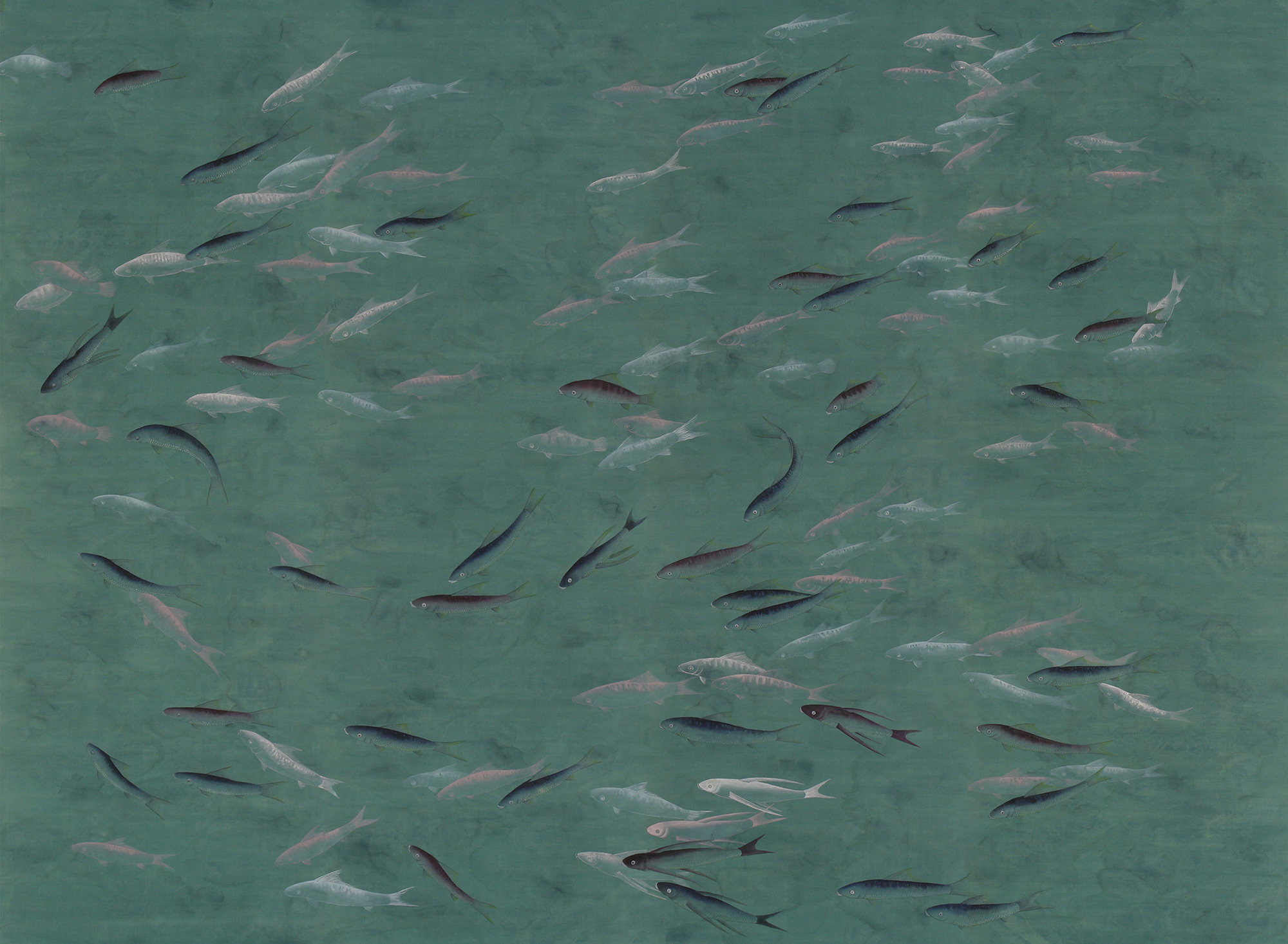 Обои ручная роспись Fishes Special Colourway on blue green painted silk with antiquing Обои ручная роспись Fishes Special Colourway on blue green painted silk with antiquing - постер Loft-Concept в Нижнем Новгороде