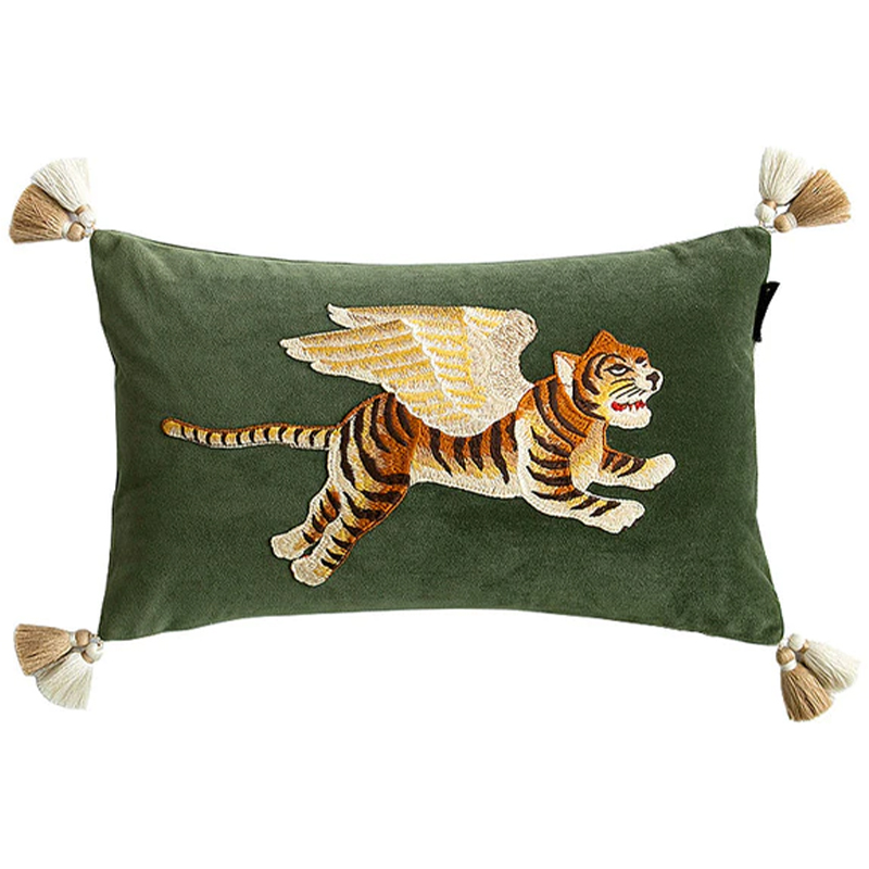 Декоративная подушка с вышивкой Стиль Gucci Winged Tiger Cushion Зеленый Оранжевый Золотой в Нижнем Новгороде | Loft Concept 