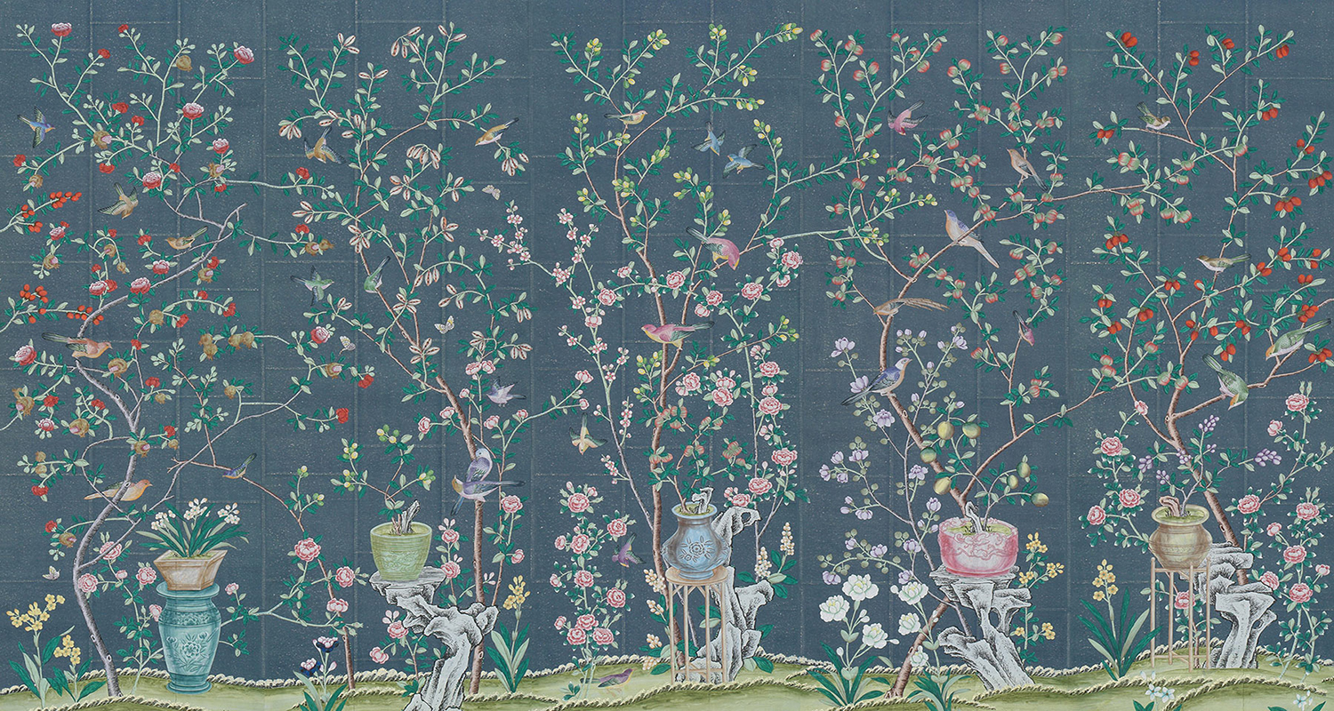 Обои ручная роспись Jardinieres & Citrus Trees Dark Blue - фото