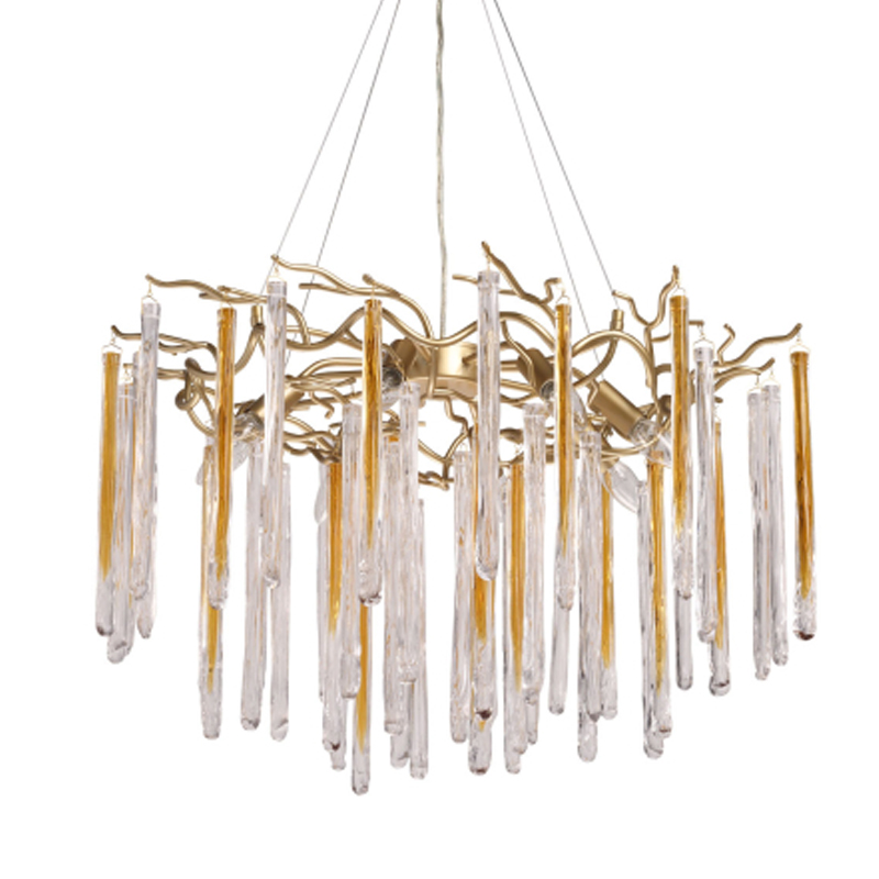 Люстра подвесная золотого цвета с разветвленными ветвями и прозрачными стеклянными подвесками Droplet Chandelier Золотой Прозрачный в Нижнем Новгороде | Loft Concept 