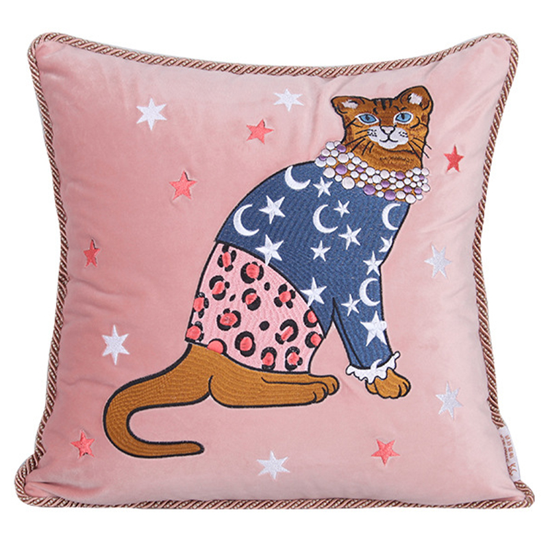 Декоративная подушка с вышивкой Magic Cat Embroidery Cushion Розовый Синий Оранжевый Мульти в Нижнем Новгороде | Loft Concept 