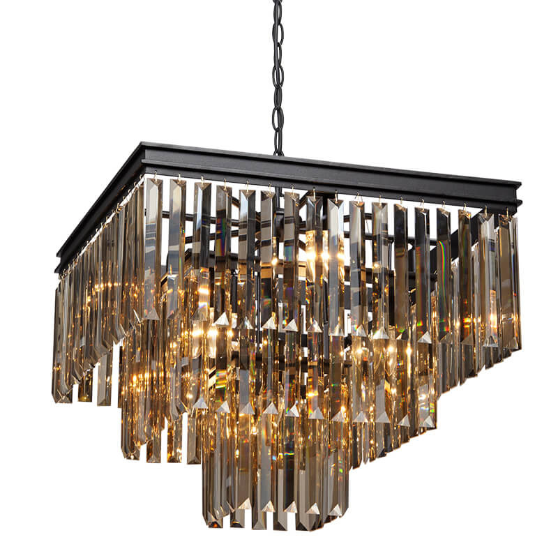 Люстра RH 1920s Odeon Amber GLASS Fringe Chandelier - 3 square Янтарное стекло 53 см Черный матовый в Нижнем Новгороде | Loft Concept 