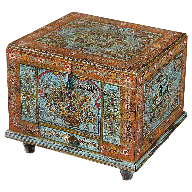 Сундук ручная роспись Harsh Antique Indian Painted Chest Мульти Бирюзовый Оранжевый в Нижнем Новгороде | Loft Concept 