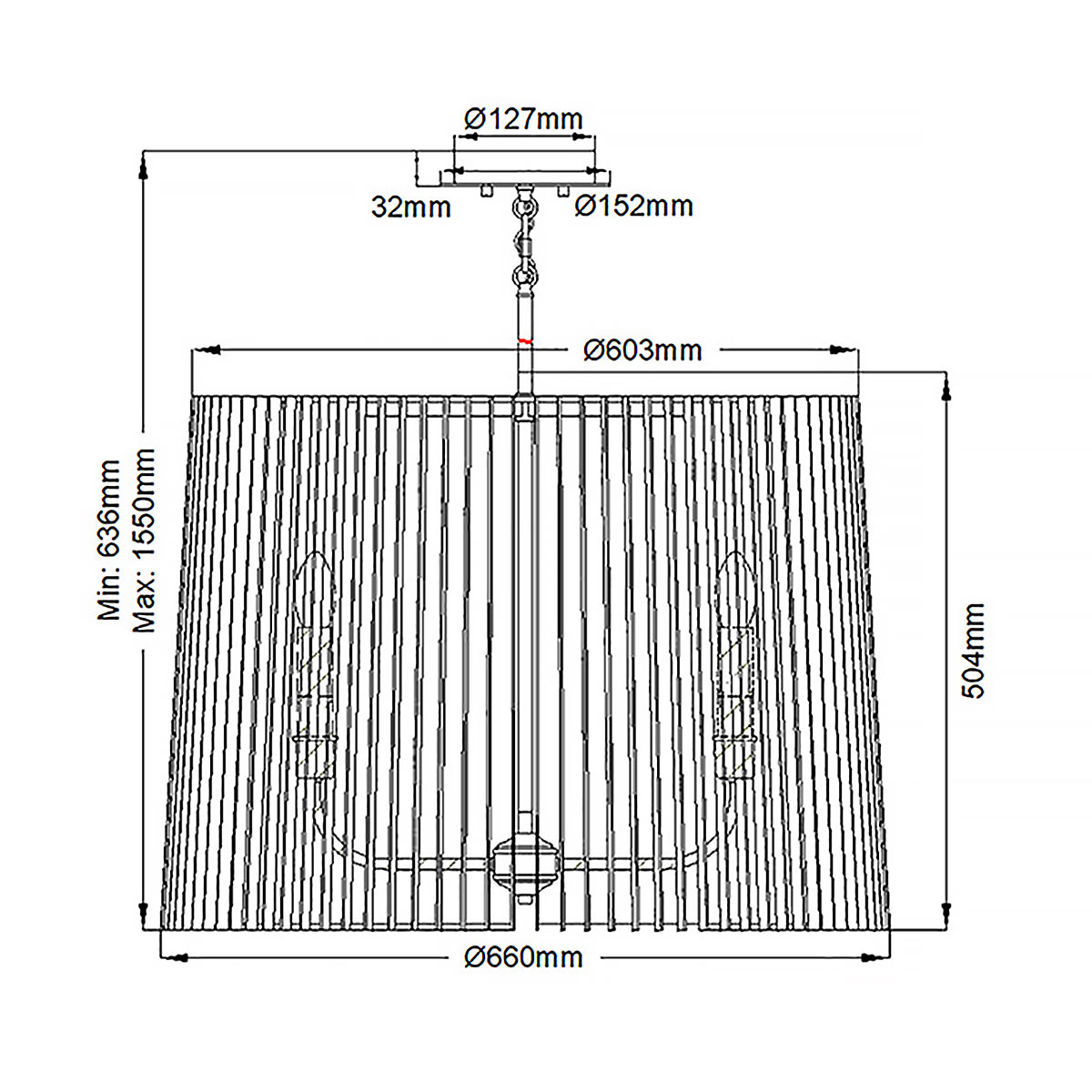 Люстра цвета латунь с 6-ю лампами свечами внутри цилиндрического абажура из черных металлических реек Kichler в Нижнем Новгороде