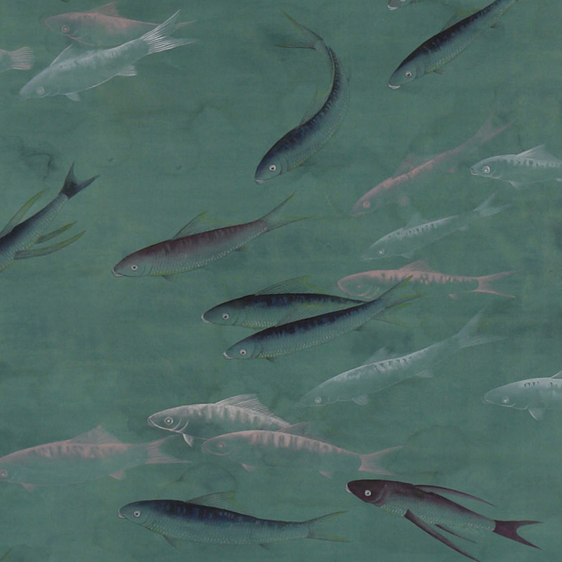 Обои ручная роспись Fishes Special Colourway on blue green painted silk with antiquing Обои ручная роспись Fishes Special Colourway on blue green painted silk with antiquing в Нижнем Новгороде | Loft Concept