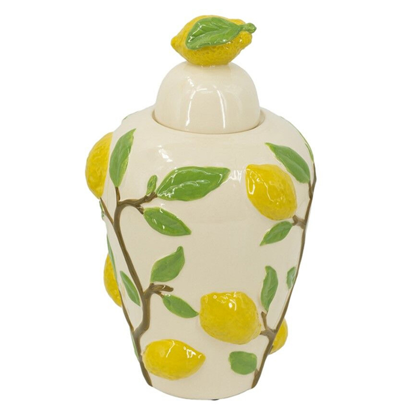 Ваза с крышкой кремового цвета и объемным рисунком лимонов и листьев Lemon Delight Кремовый Желтый Коричневый Зеленый Ваза с крышкой кремового цвета и объемным рисунком лимонов и листьев Lemon Delight Кремовый Желтый Коричневый Зеленый в Нижнем Новгороде | Loft Concept