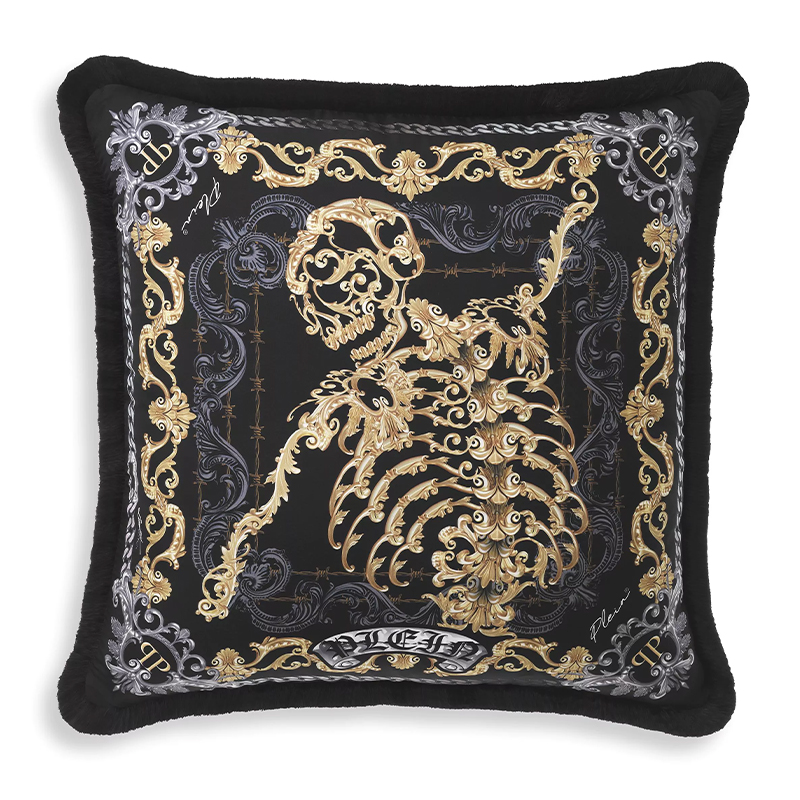 Подушка Philipp Plein Cushion Silk Skeleton 50 x 50 cm Черный Серый Золотой в Нижнем Новгороде | Loft Concept 