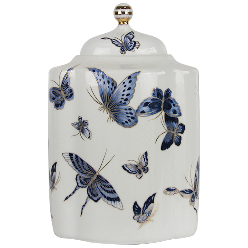 Ваза с крышкой Porcelain Butterfly Blue and Gold Vase Белый Синий Золотой в Нижнем Новгороде | Loft Concept 