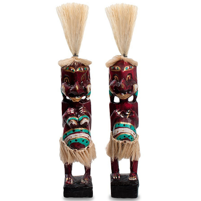 Комплект из 2-х деревянных статуэток Asmat Straw Headdress Statuettes Red Turquoise Tattoo Красный Бежевый Бирюзовый Белый в Нижнем Новгороде | Loft Concept 