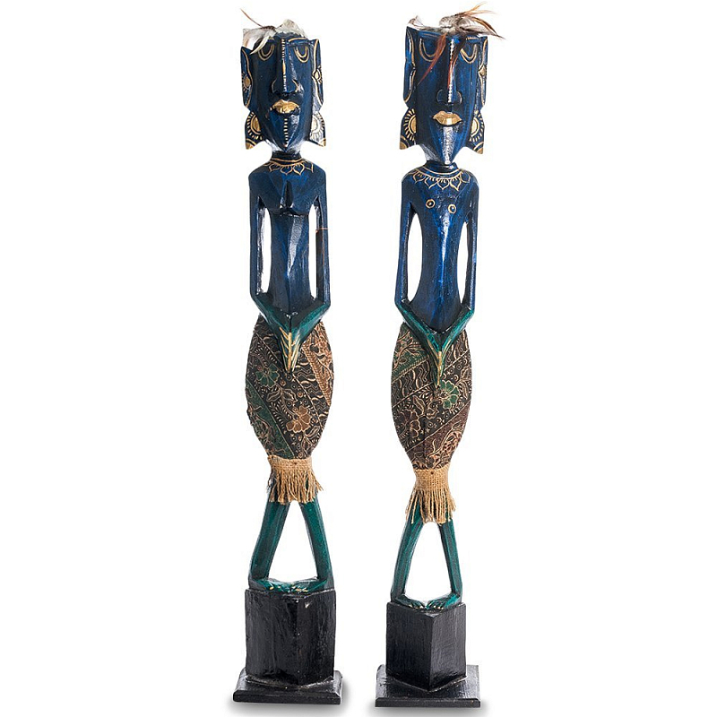 Комплект из 2-х деревянных статуэток Asmat Tall Statuettes Blue Green Синий Зеленый Мульти в Нижнем Новгороде | Loft Concept 