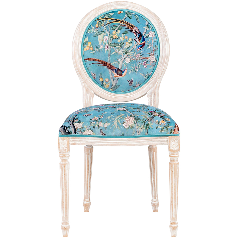 Стул из массива бука бирюзовый с изображением птиц и цветов Turquoise Beige Chinoiserie Birds Garden Chair Мульти Бирюзовый Бежевый в Нижнем Новгороде | Loft Concept 