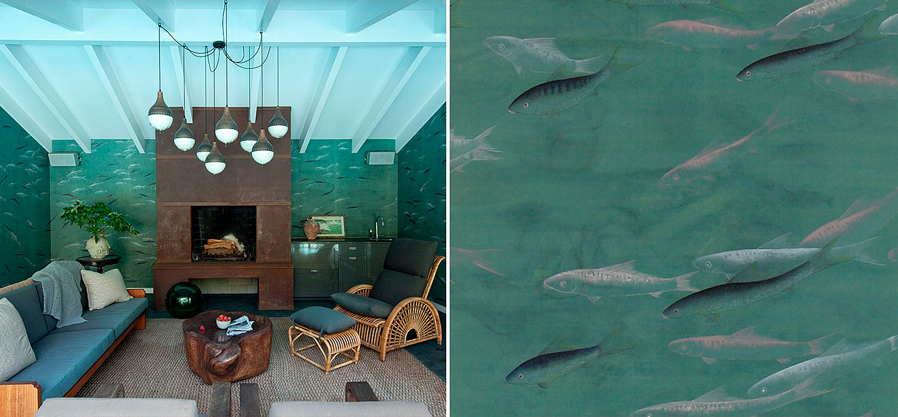 Обои ручная роспись Fishes Special Colourway on blue green painted silk with antiquing Обои ручная роспись Fishes Special Colourway on blue green painted silk with antiquing - Loft-Concept в Нижнем Новгороде