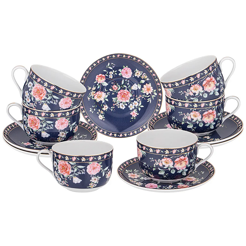 Чайный набор из фарфора синий на 6 персон 12 предметов Flower Porcelain Collection Синий Мульти в Нижнем Новгороде | Loft Concept 