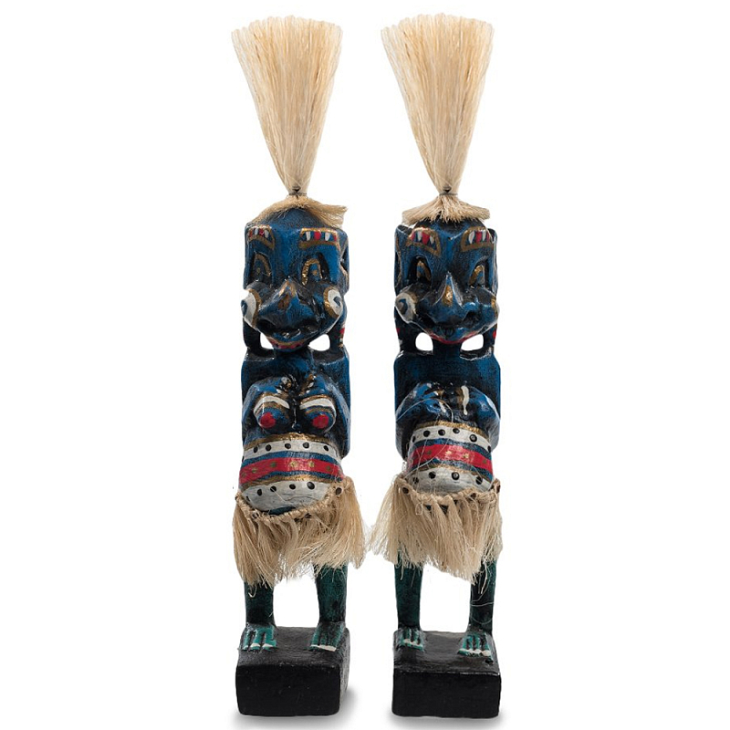 Комплект из 2-х деревянных статуэток Asmat Straw Headdress Statuettes Blue Colorful Tattoo Синий Черный Бежевый Красный Бирюзовый Мульти в Нижнем Новгороде | Loft Concept 