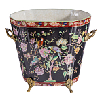 Кашпо из фарфора черная с цветочной росписью и бронзовой стрекозой Spring Garden варинант исполнения - 1 | Loft Concept в Нижнем Новгороде