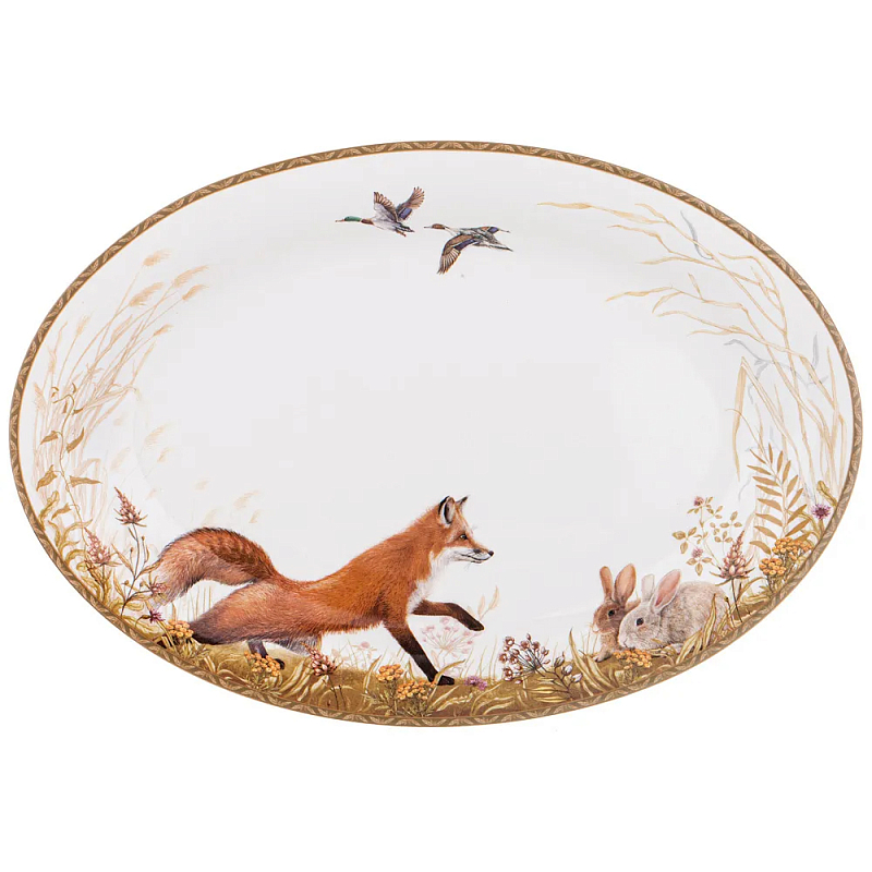 Блюдо овальное из фарфора с изображением животных Hunting Porcelain Collection Белый Мульти в Нижнем Новгороде | Loft Concept 