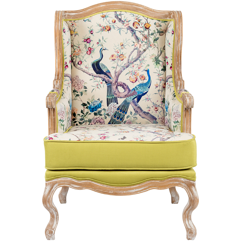 Кресло из натурального бука бежевое с изображением птиц и цветов Beige Green Chinoiserie Garden Armchair Мульти Бежевый Салатовый в Нижнем Новгороде | Loft Concept 