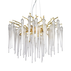 Люстра золотого цвета с декоративными ветками и длинными прозрачными стеклянными подвесами в форме сосулек Droplet Chandelier