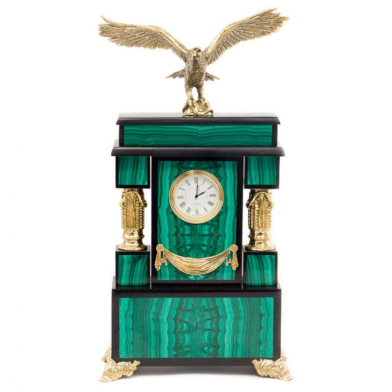 Часы настольные из натурального камня Малахит с декором в виде орла Eagle Stone Clock Малахит Золотой Черный в Нижнем Новгороде | Loft Concept 