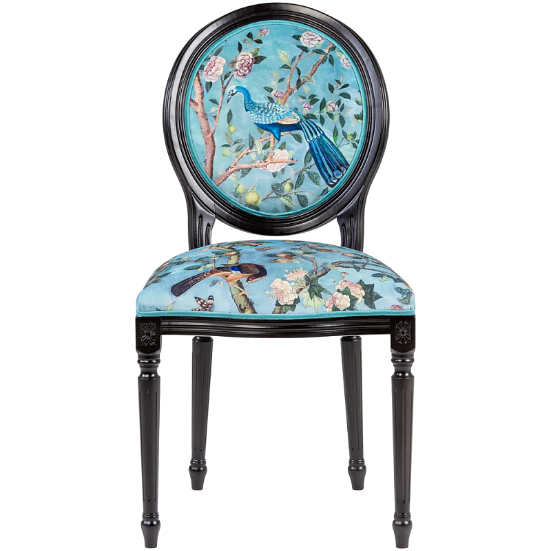 Стул из массива бука бирюзовый с изображением птиц в саду Turquoise Chinoiserie Bird Chair Бирюзовый Мульти Черный в Нижнем Новгороде | Loft Concept 