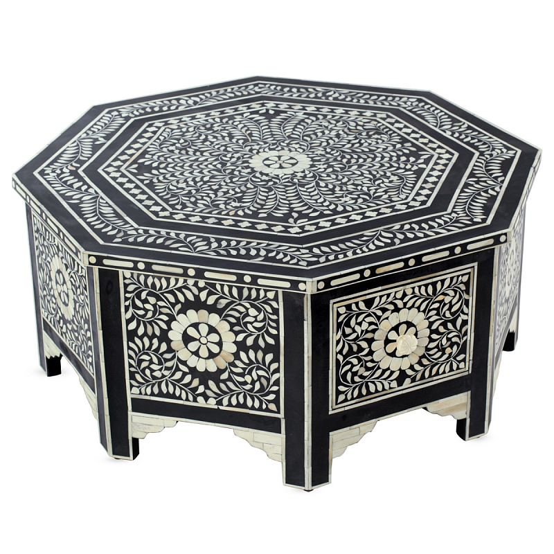 Стол черный отделка кость BONE INLAY Black Bone Inlay Octagon Coffee Table ivory ( слоновая кость ) Черный в Нижнем Новгороде | Loft Concept 