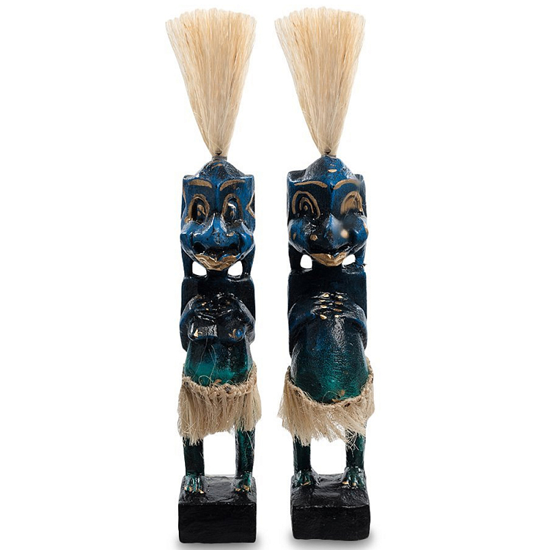 Комплект из 2-х деревянных статуэток Asmat Straw Headdress Statuettes Blue Синий Бирюзовый Бежевый в Нижнем Новгороде | Loft Concept 