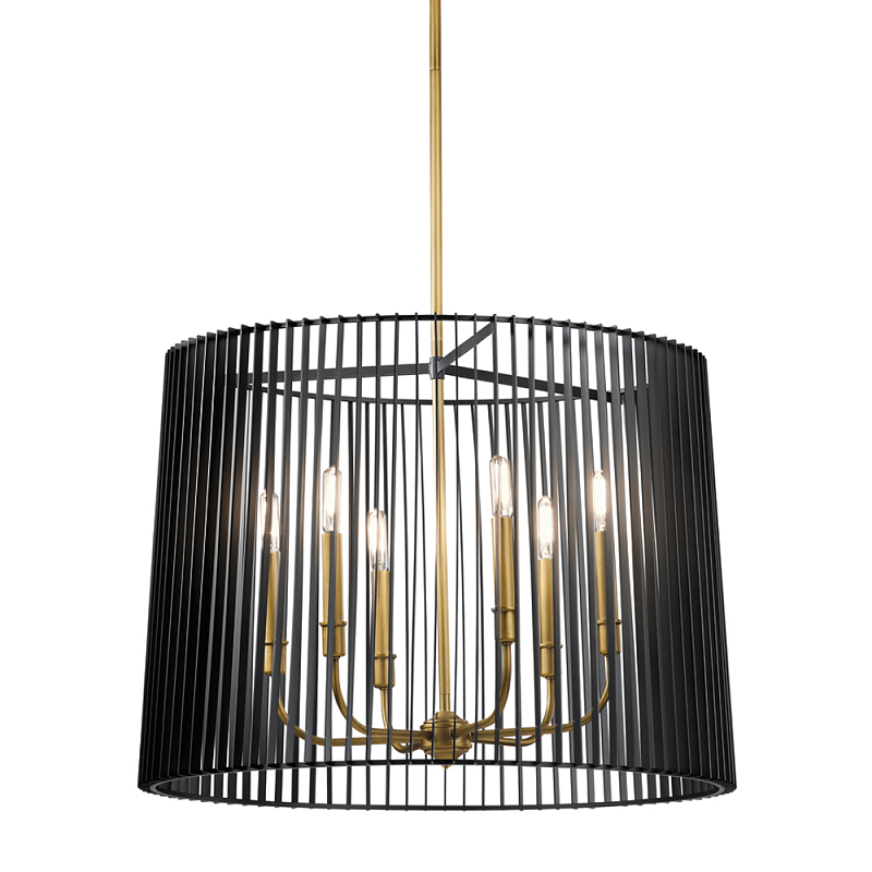 Люстра цвета латунь с 6-ю лампами свечами внутри цилиндрического абажура из черных металлических реек Kichler Латунь Черный в Нижнем Новгороде | Loft Concept 