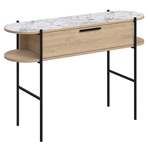 Консоль напольная деревянная с выдвижным ящиком и 2-мя полками со столешницей цвета белый мрамор OTIS CONSOLE OAK