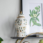 Ваза белая с крышкой с рисунком зеленых и золотых листьев 40 см Chinoiserie Ceramics варинант исполнения - 4 | Loft Concept в Нижнем Новгороде