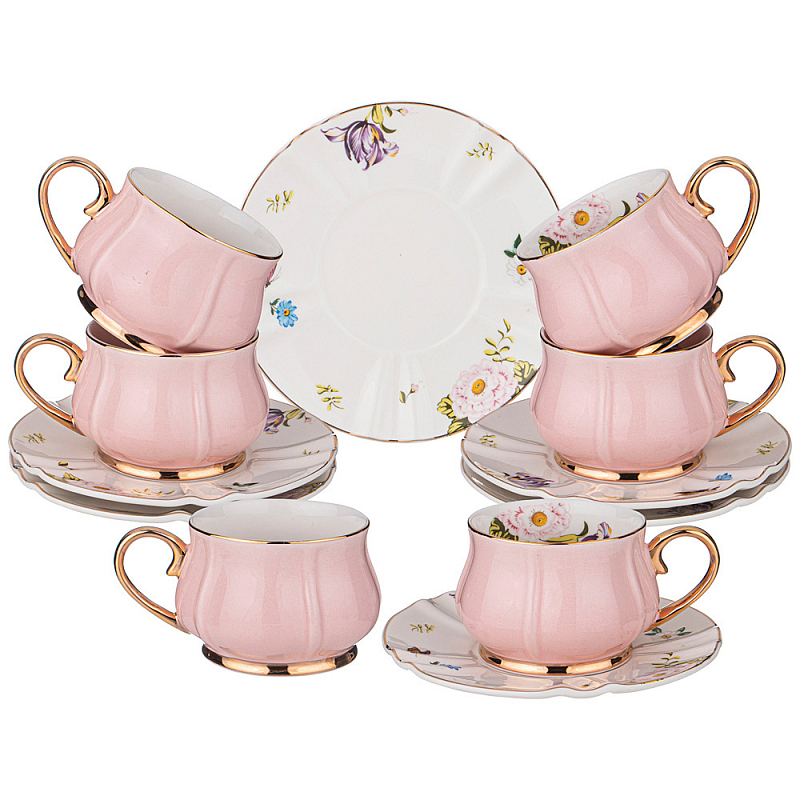 Чайный набор из фарфора на 6 персон 12 предметов Tea Porcelain Set Белый Золотой Розовый в Нижнем Новгороде | Loft Concept 