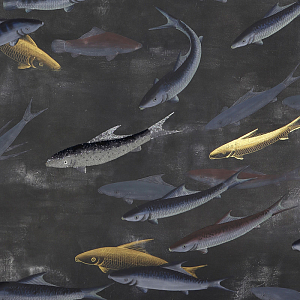 Обои ручная роспись Fishes Colourway SC-125 on Tarnished Silver gilded silk with pearlescent antiquing