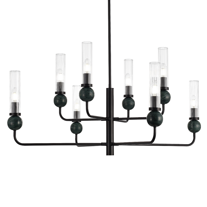 Люстра с 8-ю плафонами в форме стеклянных трубок и мраморных декоративных элементов Montreal Белый Черный Прозрачный Латунь в Нижнем Новгороде | Loft Concept 