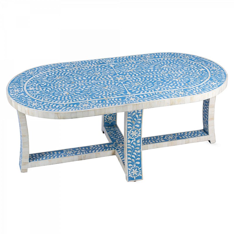 Стол голубой отделка кость Butler Sabina Blue Bone Inlay Oval Coffee Table Голубой ivory ( слоновая кость ) в Нижнем Новгороде | Loft Concept 