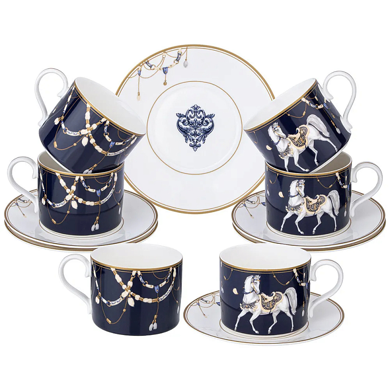 Чайный набор из фарфора с изображением лошадей на 6 персон 12 предметов Porcelain Horse Set Белый Синий в Нижнем Новгороде | Loft Concept 