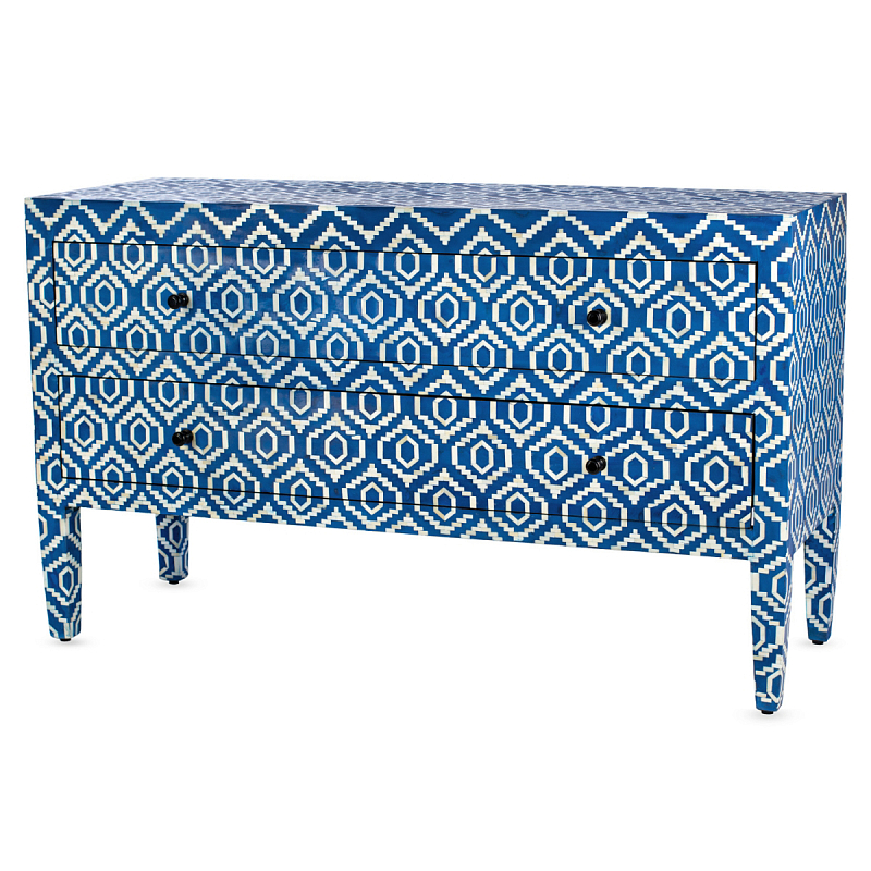 Комод синий отделка кость Bone Inlay Long 2 Drawer Chest - Ikat Синий ivory ( слоновая кость ) в Нижнем Новгороде | Loft Concept 