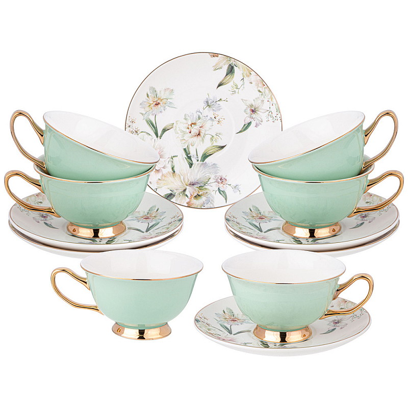 Чайный набор из фарфора на 6 персон Tea Porcelain Set Белый Золотой Зеленый в Нижнем Новгороде | Loft Concept 