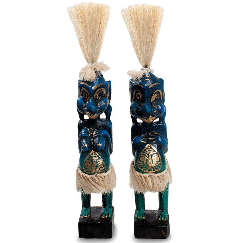 Комплект из 2-х деревянных статуэток Asmat Straw Headdress Statuettes Blue Tattoo Синий Бирюзовый Бежевый Золотой Мульти в Нижнем Новгороде | Loft Concept 