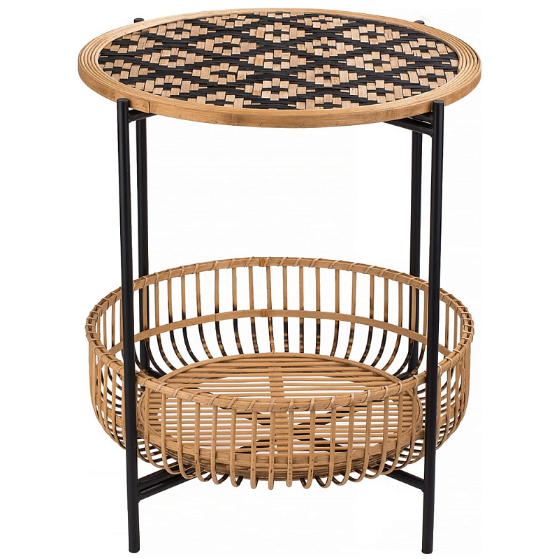 Круглый кофейный стол с плетеной столешницей и полкой Norberta Wicker Coffee Table Коричневый Черный в Нижнем Новгороде | Loft Concept 