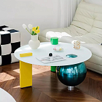 Дизайнерский журнальный стол с круглой белой столешницей на 3-х геометрических ножках Tajefox варинант исполнения - 2 | Loft Concept в Нижнем Новгороде