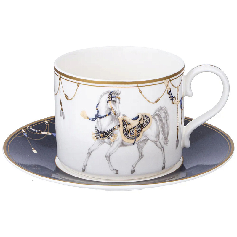 Чайная пара из фарфора с изображением лошади 300 мл Porcelain Horse Set 2 Белый Синий Золотой в Нижнем Новгороде | Loft Concept 