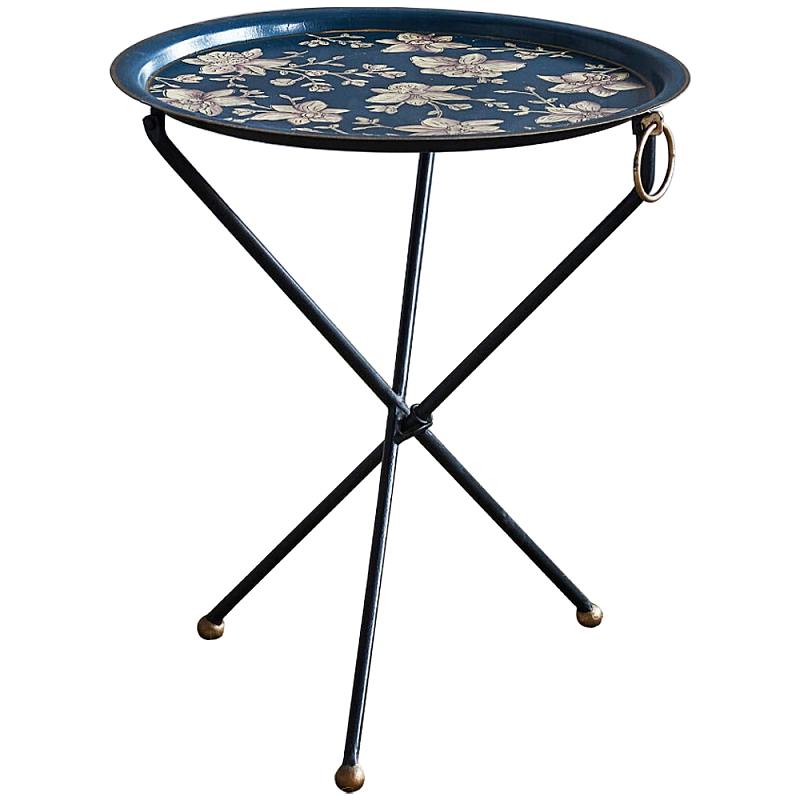 Круглый приставной столик складной Chinoiserie Flowers Side Table Синий Бежевый Латунь в Нижнем Новгороде | Loft Concept 