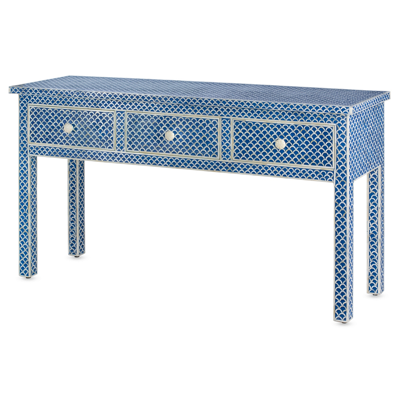 Консоль голубая отделка кость Bone Inlay Blue Fish Scale Console 3 DRAWER ivory ( слоновая кость ) Голубой в Нижнем Новгороде | Loft Concept 