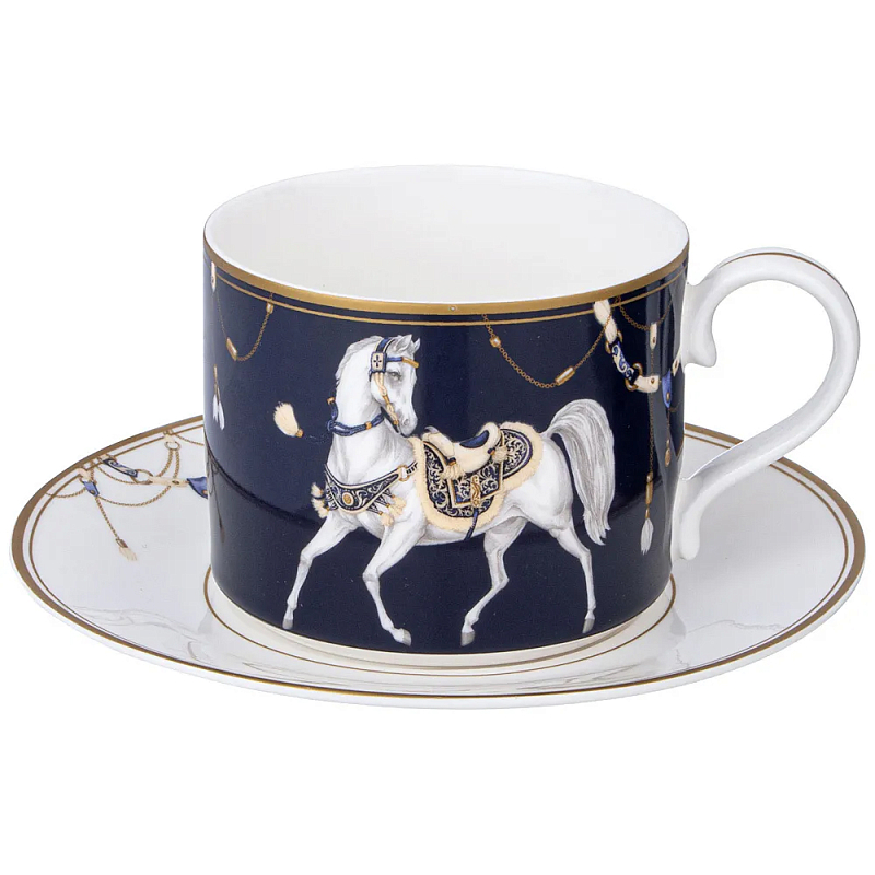 Чайная пара из фарфора с изображением лошади 300 мл Porcelain Horse Set  Белый Синий Золотой в Нижнем Новгороде | Loft Concept 