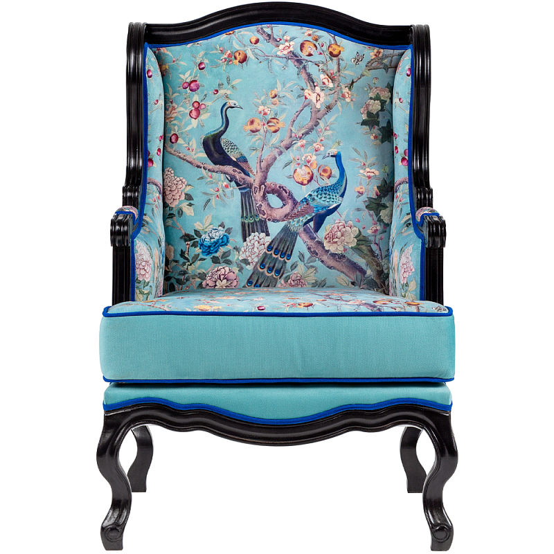 Кресло из натурального бука бирюзовое с изображением птиц и цветов Turquoise Chinoiserie Garden Armchair Мульти Бирюзовый Черный в Нижнем Новгороде | Loft Concept 