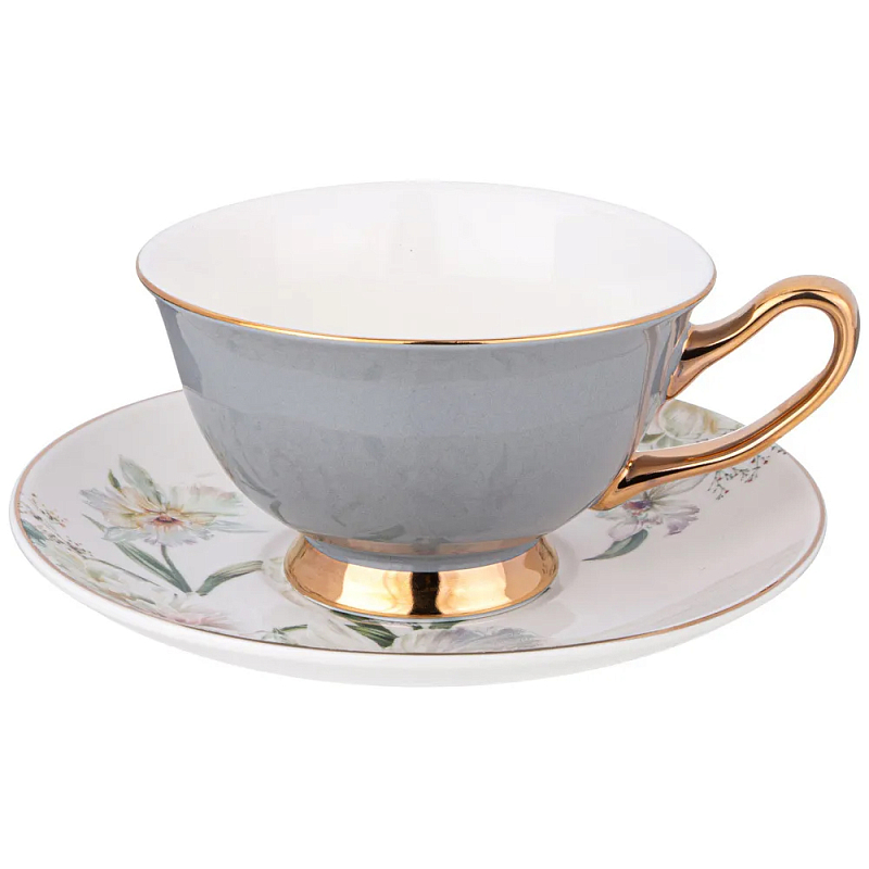 Чайная пара из фарфора 200 мл Grey Tea Porcelain Set Белый Золотой Серый в Нижнем Новгороде | Loft Concept 