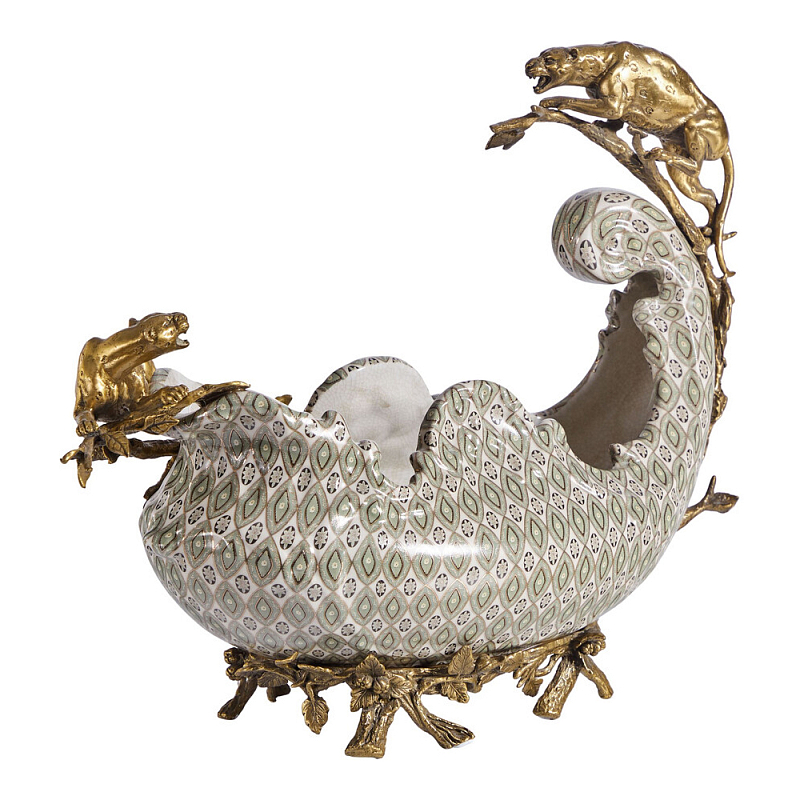 Чаша для фруктов из фарфора бронзовыми фигурками леопардов Eden Garden Мульти Бронза в Нижнем Новгороде | Loft Concept 