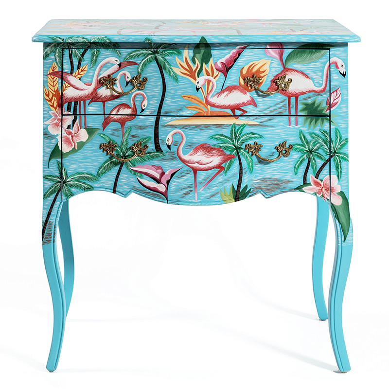 Комод с росписью Розовый фламинго L.XV CHEST OF DRAWERS Flowers with Flamingo Голубой Мульти в Нижнем Новгороде | Loft Concept 