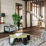 Дизайнерский журнальный стол округлой формы чёрный с золотой столешницей Fufem варинант исполнения - 3 | Loft Concept в Нижнем Новгороде