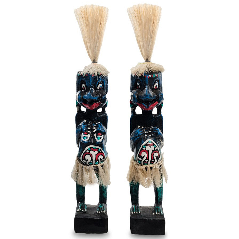 Комплект из 2-х деревянных статуэток Asmat Straw Headdress Statuettes Blue Red Черный Синий Красный Бежевый Мульти в Нижнем Новгороде | Loft Concept 